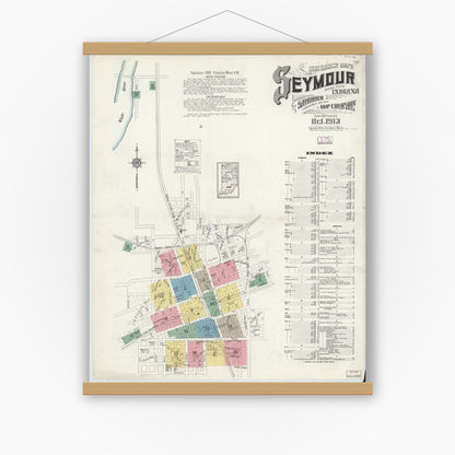 Old map wall art mockup — magnetic wood frame on white wall — Sanborn Fire Insurance Map from Seymour, Jackson County, Indiana (1913) - Complete Map Set