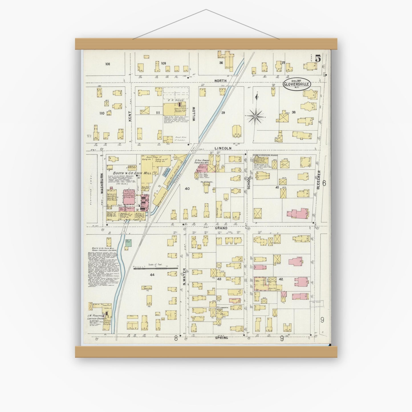 Old map wall art mockup — magnetic wood frame on white wall — Sanborn Fire Insurance Map from Gloversville, Fulton County, New York (1897), Sheet #0005