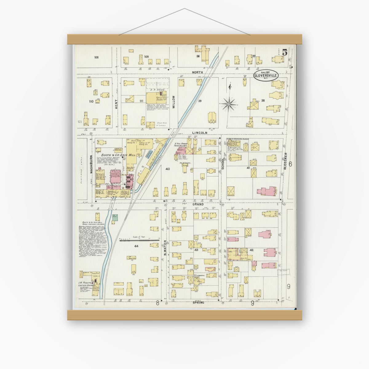 Old map wall art mockup — magnetic wood frame on white wall — Sanborn Fire Insurance Map from Gloversville, Fulton County, New York (1897), Sheet #0005
