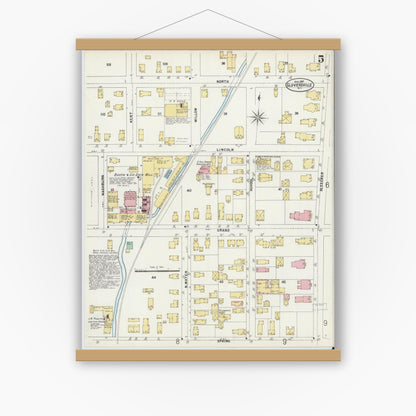 Old map wall art mockup — magnetic wood frame on white wall — Sanborn Fire Insurance Map from Gloversville, Fulton County, New York (1897), Sheet #0005