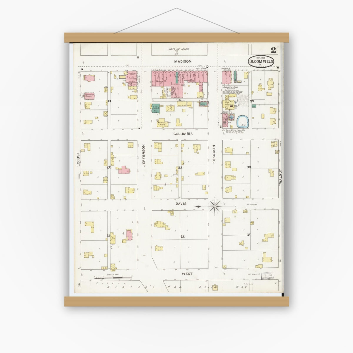 Old map wall art mockup — magnetic wood frame on white wall — Sanborn Fire Insurance Map from Bloomfield, Davis County, Iowa (1893), Sheet #0002