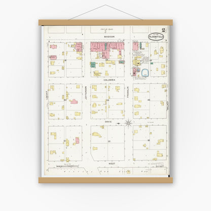 Old map wall art mockup — magnetic wood frame on white wall — Sanborn Fire Insurance Map from Bloomfield, Davis County, Iowa (1893), Sheet #0002