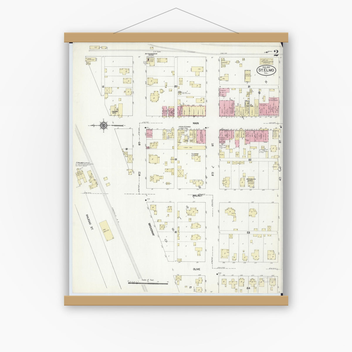 Old map wall art mockup — magnetic wood frame on white wall — Sanborn Fire Insurance Map from Saint Elmo, Fayette County, Illinois (1912), Sheet #0002