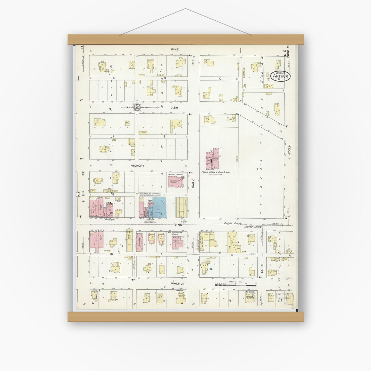 Old map wall art mockup — magnetic wood frame on white wall — Sanborn Fire Insurance Map from Arthur, Moultrie And Douglas Counties, Illinois (1914), Sheet #0003