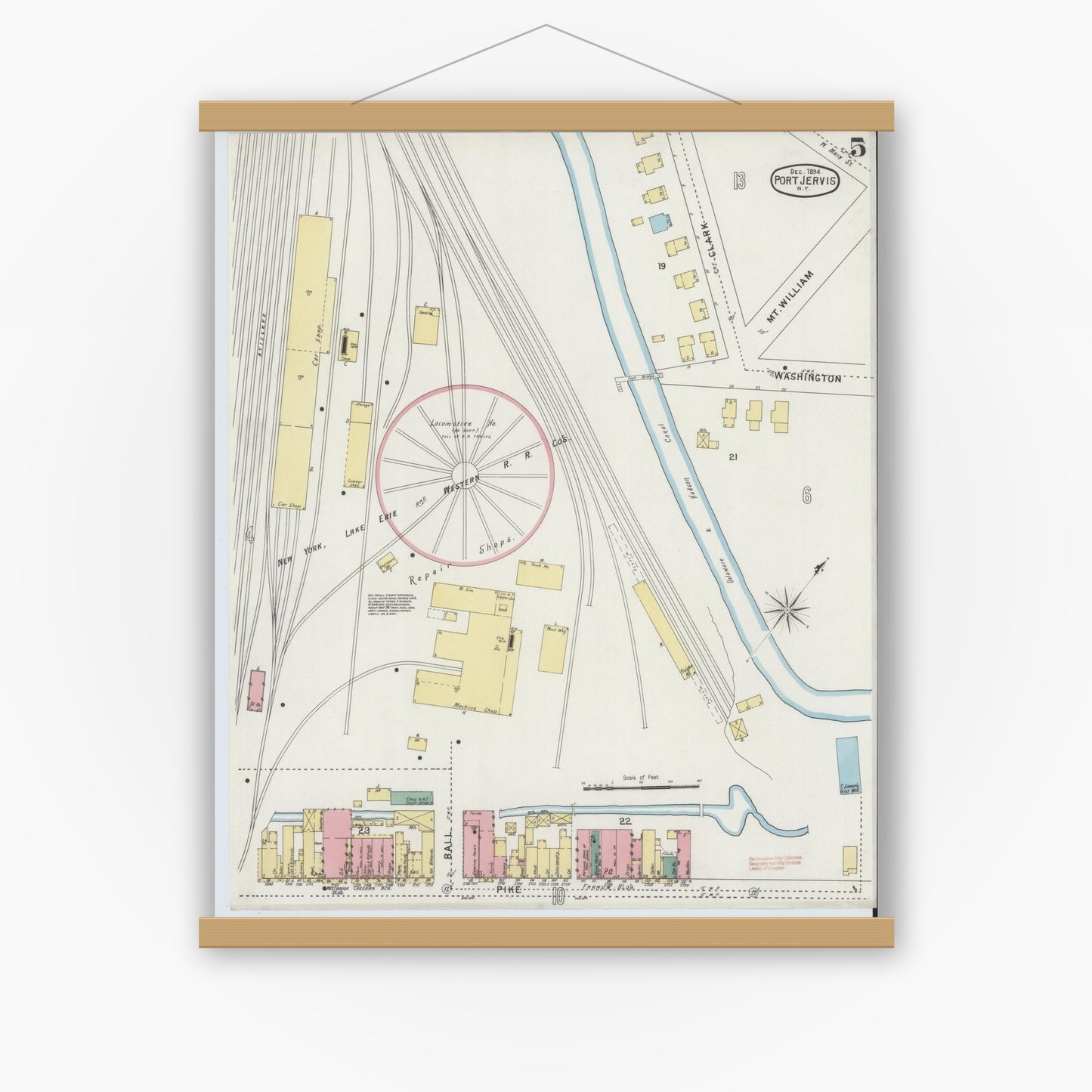 Old map wall art mockup — magnetic wood frame on white wall — Sanborn Fire Insurance Map from Port Jervis, Orange County, New York (1894), Sheet #0005