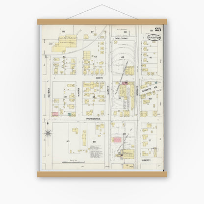 Old map wall art mockup — magnetic wood frame on white wall — Sanborn Fire Insurance Map from Houston, Harris County, Texas (1890), Sheet #0025