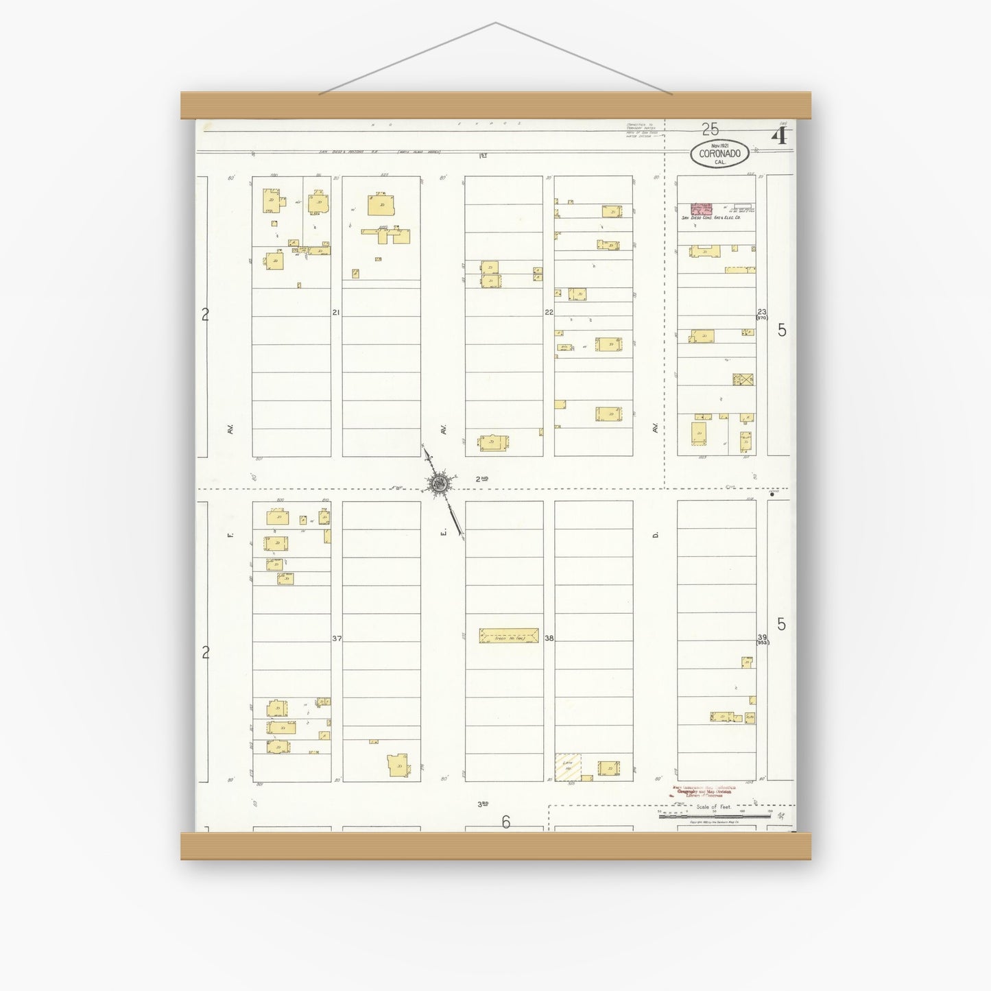 Old map wall art mockup — magnetic wood frame on white wall — Sanborn Fire Insurance Map from Coronado, San Diego County, California (1921), Sheet #0004