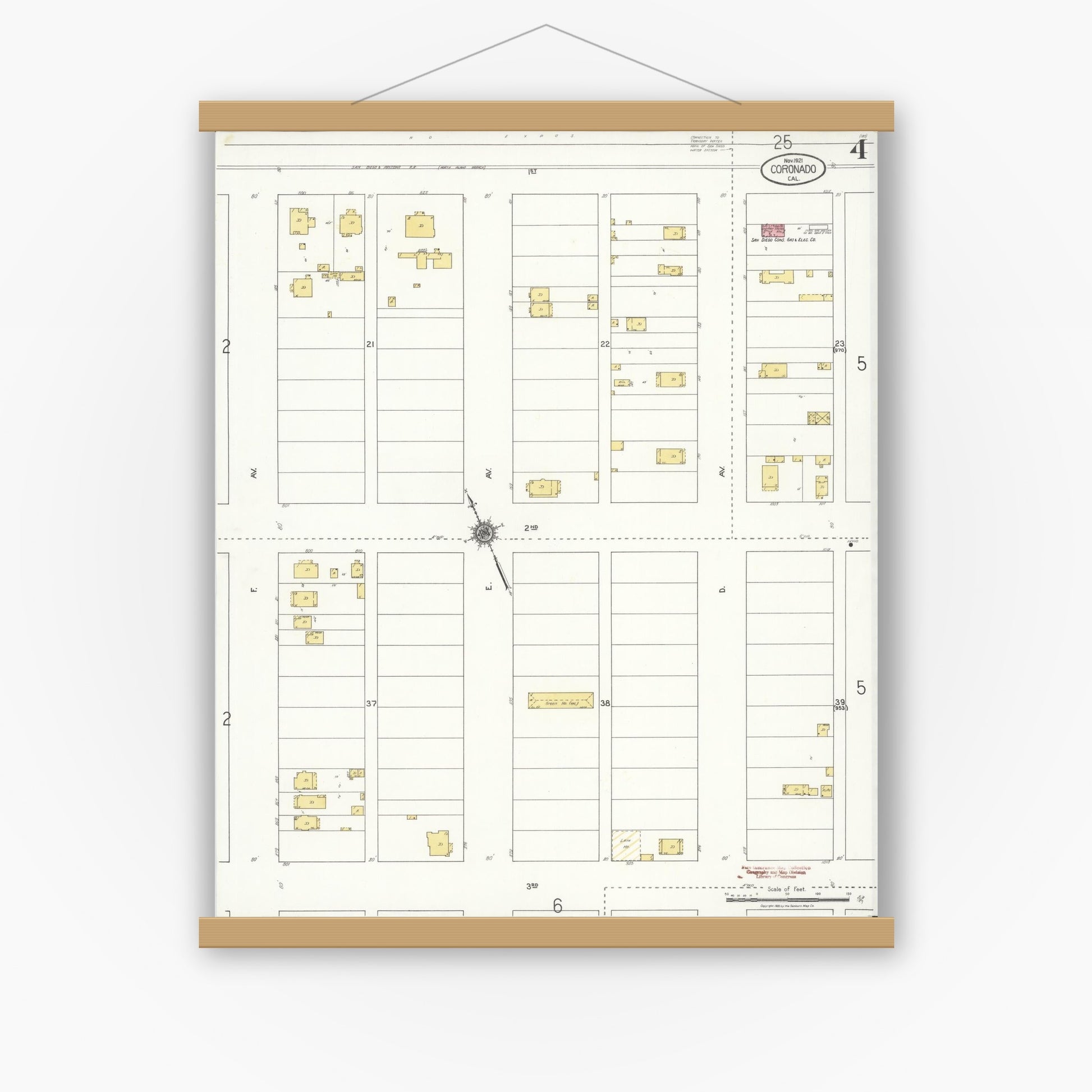 Old map wall art mockup — magnetic wood frame on white wall — Sanborn Fire Insurance Map from Coronado, San Diego County, California (1921), Sheet #0004