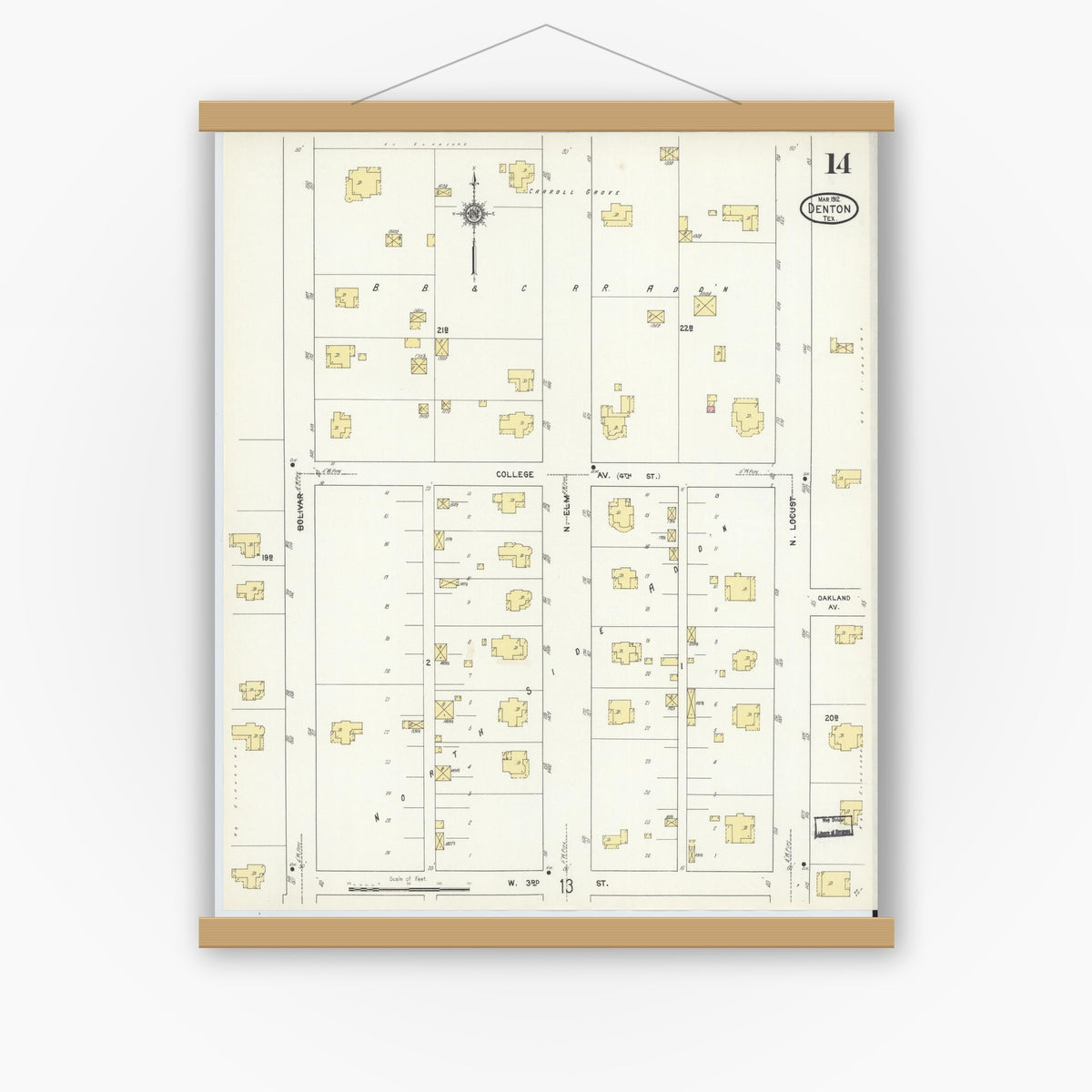 Old map wall art mockup — magnetic wood frame on white wall — Sanborn Fire Insurance Map from Denton, Denton County, Texas (1912), Sheet #0014