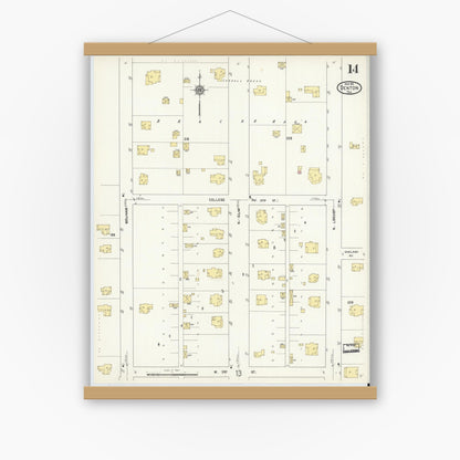 Old map wall art mockup — magnetic wood frame on white wall — Sanborn Fire Insurance Map from Denton, Denton County, Texas (1912), Sheet #0014