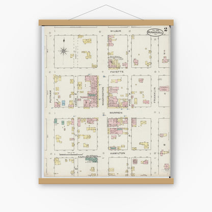 Old map wall art mockup — magnetic wood frame on white wall — Sanborn Fire Insurance Map from Bunker Hill, Macoupin County, Illinois (1886), Sheet #0002