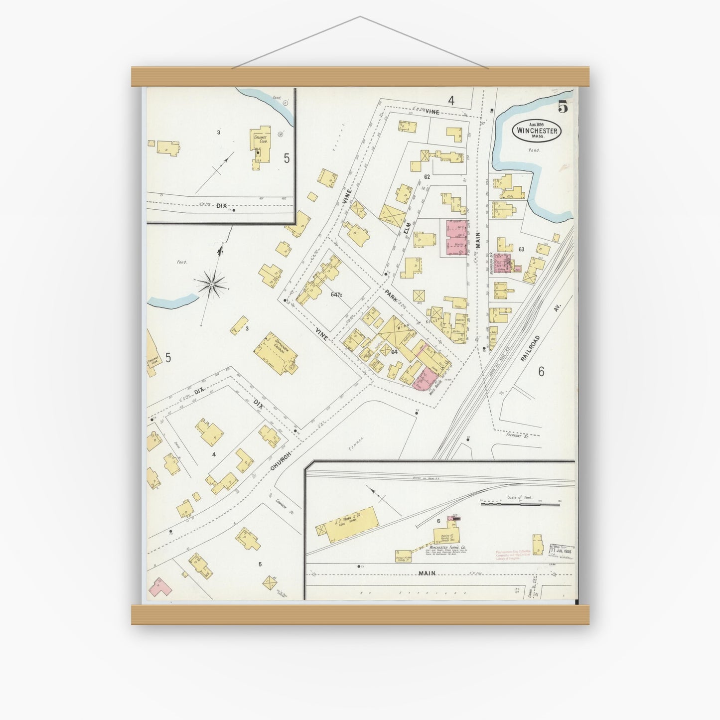 Old map wall art mockup — magnetic wood frame on white wall — Sanborn Fire Insurance Map from Winchester, Middlesex County, Massachusetts (1899), Sheet #0005