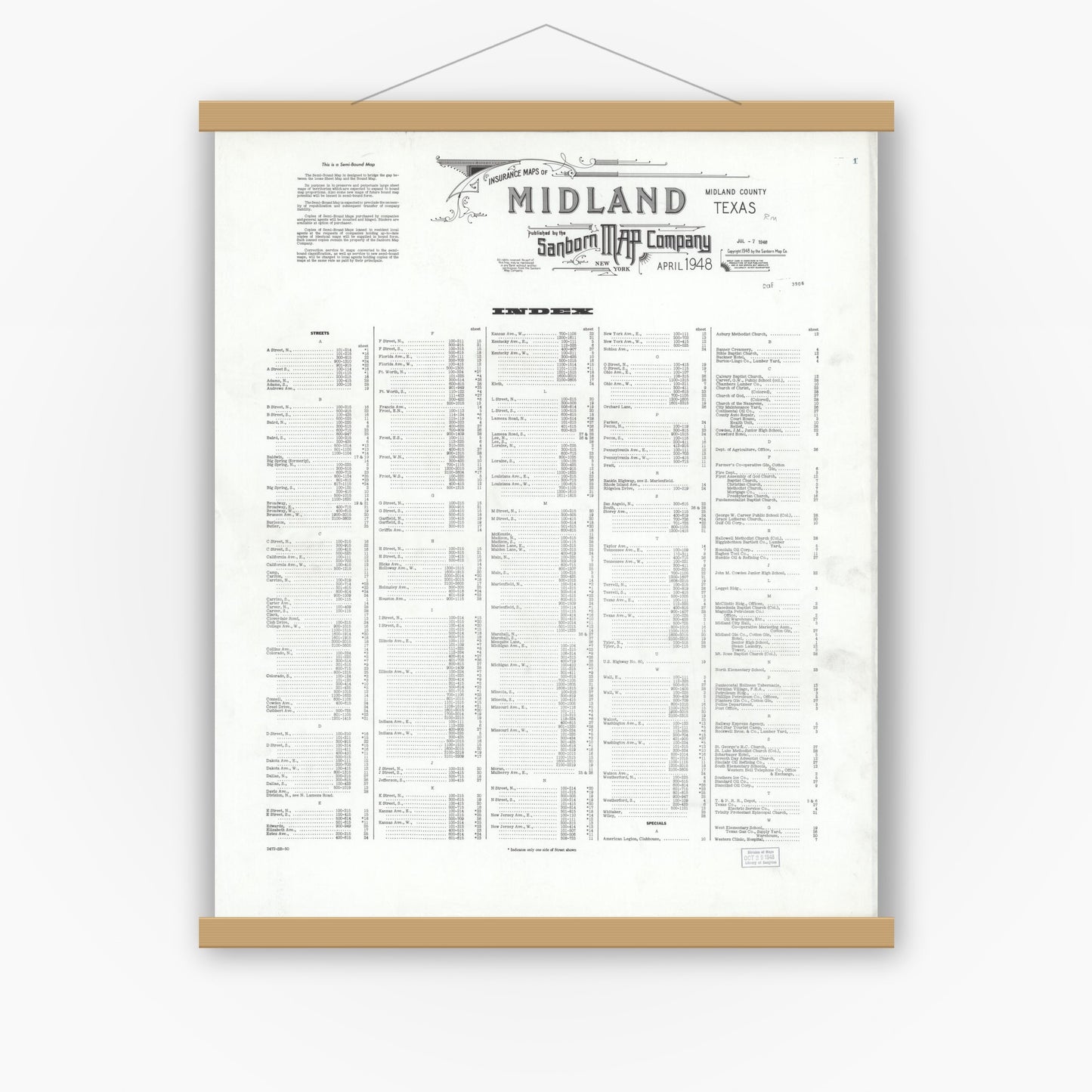 Old map wall art mockup — magnetic wood frame on white wall — Sanborn Fire Insurance Map from Midland, Midland County, Texas (1948), Sheet #0001