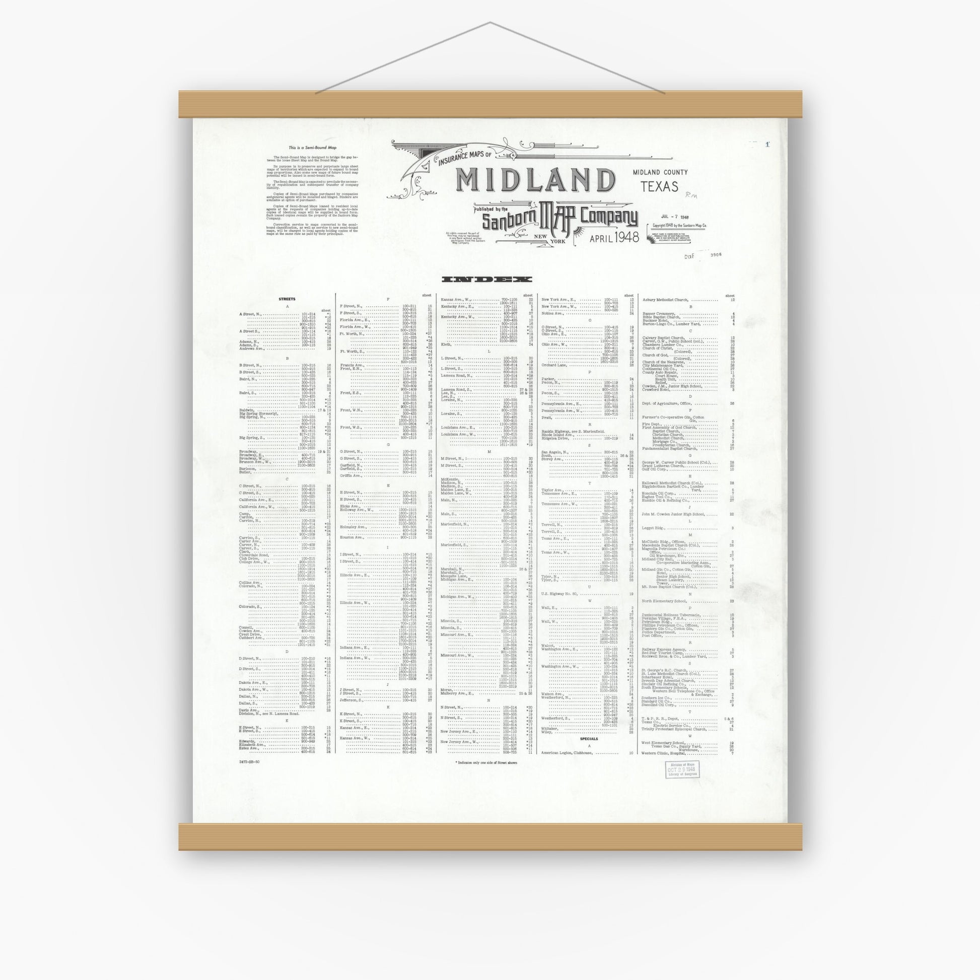 Old map wall art mockup — magnetic wood frame on white wall — Sanborn Fire Insurance Map from Midland, Midland County, Texas (1948), Sheet #0001