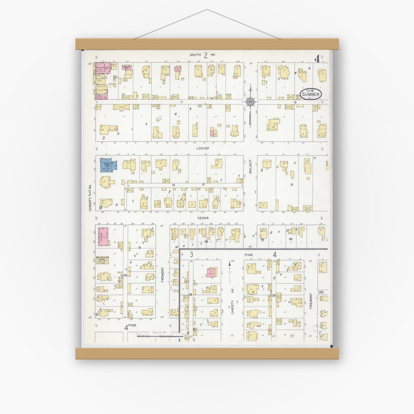 Old map wall art mockup — magnetic wood frame on white wall — Sanborn Fire Insurance Map from Sumner, Lawrence County, Illinois (1912), Sheet #0004