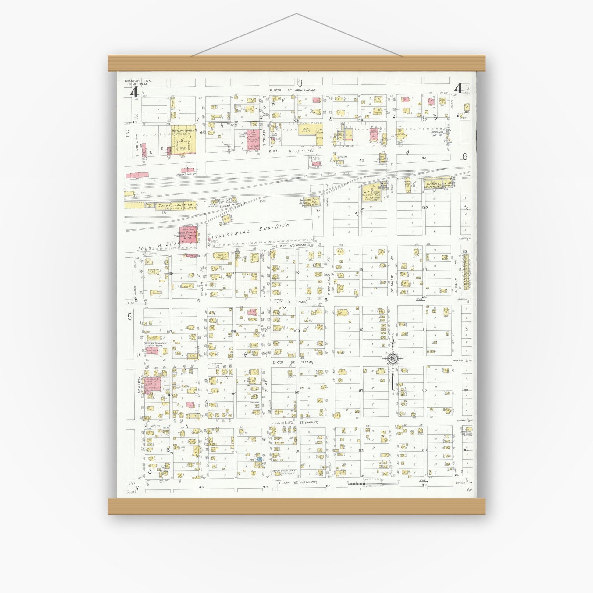Old map wall art mockup — magnetic wood frame on white wall — Sanborn Fire Insurance Map from Mission, Hidalgo County, Texas (1933), Sheet #0004