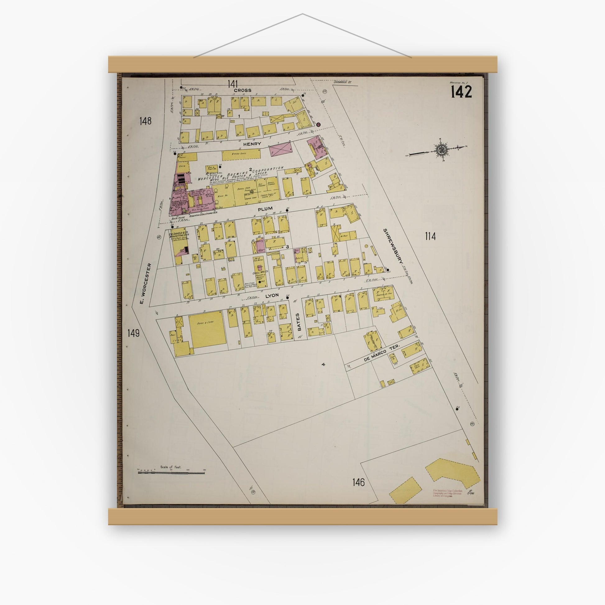 Old map wall art mockup — magnetic wood frame on white wall — Sanborn Fire Insurance Map from Worcester, Worcester County, Massachusetts (1910), Sheet #0142