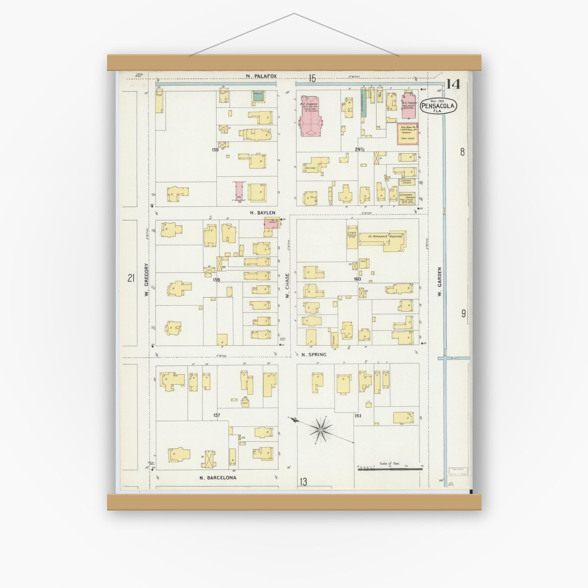 Old map wall art mockup — magnetic wood frame on white wall — Sanborn Fire Insurance Map from Pensacola, Escambia County, Florida (1903), Sheet #0014