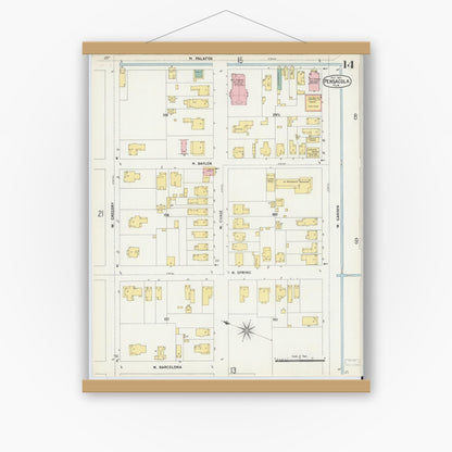 Old map wall art mockup — magnetic wood frame on white wall — Sanborn Fire Insurance Map from Pensacola, Escambia County, Florida (1903), Sheet #0014