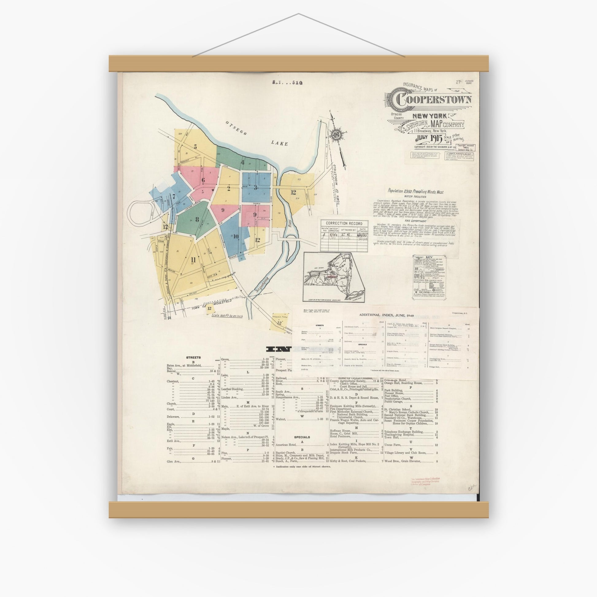 Old map wall art mockup — magnetic wood frame on white wall — Sanborn Fire Insurance Map from Cooperstown, Otsego County, New York (1949), Sheet #0001