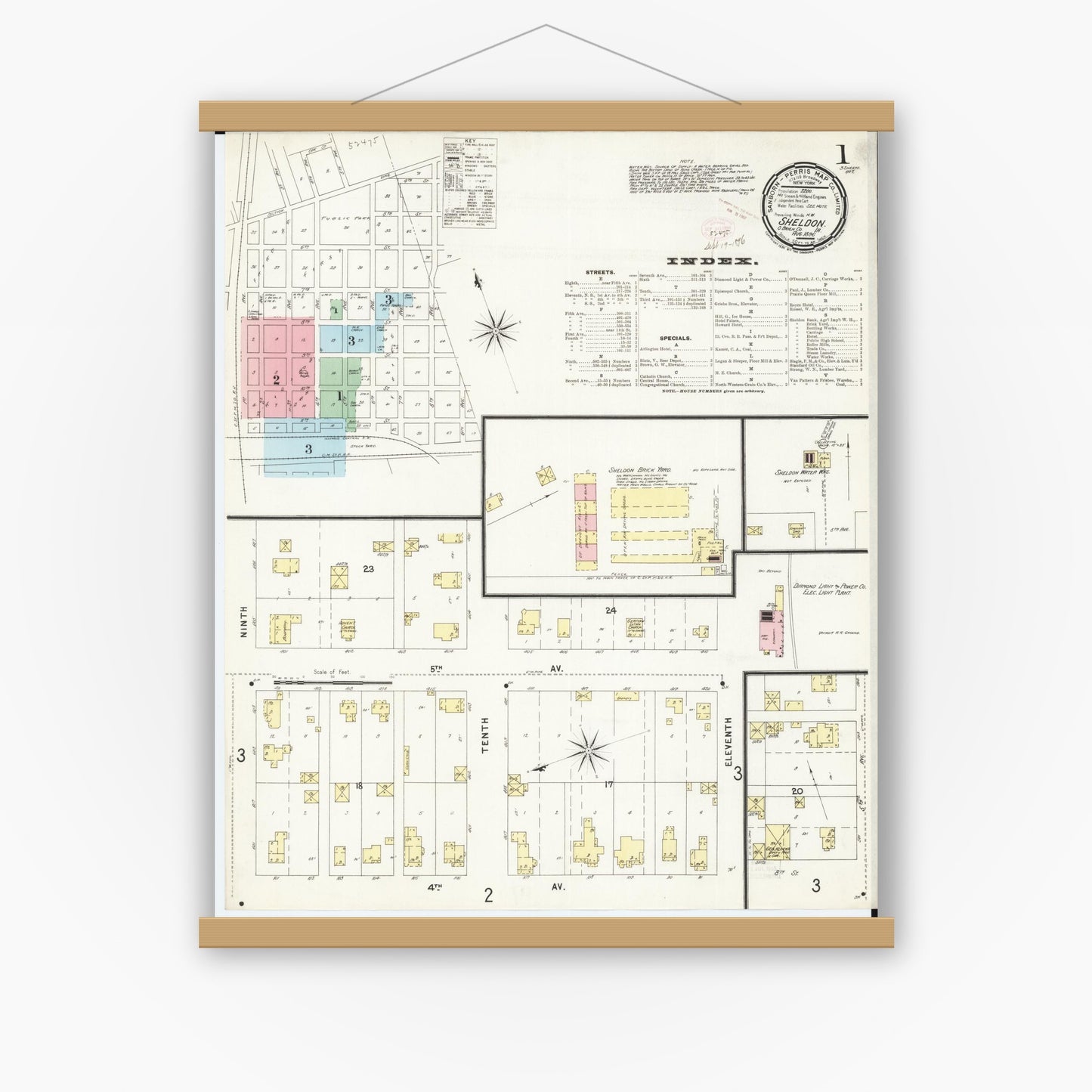 Old map wall art mockup — magnetic wood frame on white wall — Sanborn Fire Insurance Map from Sheldon, O'Brien County, Iowa (1896), Sheet #0001