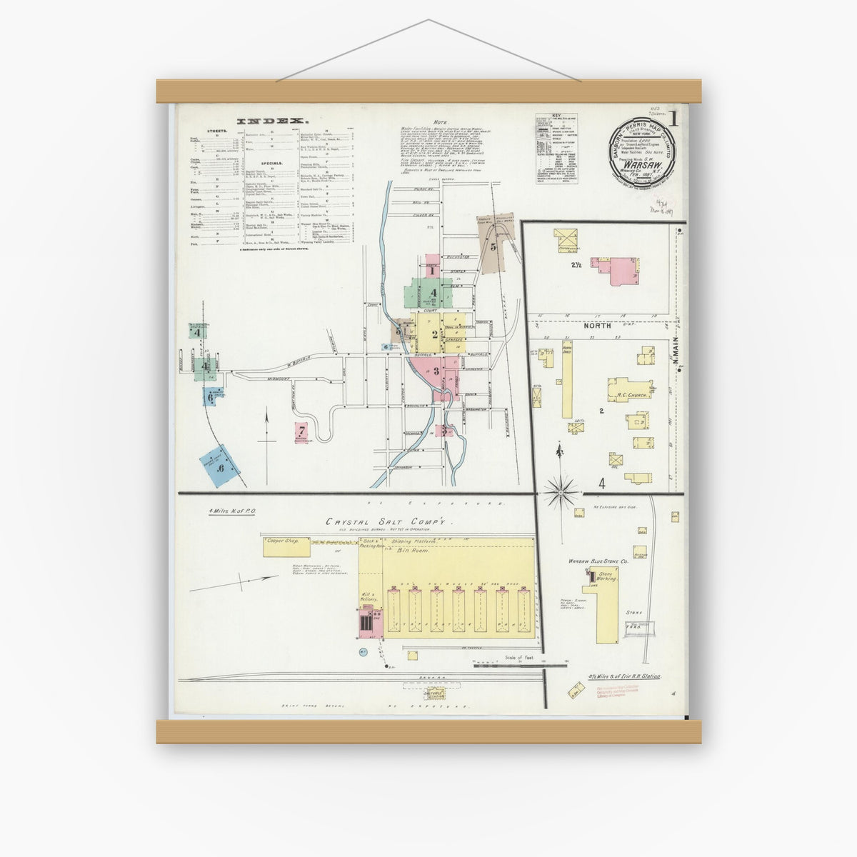 Old map wall art mockup — magnetic wood frame on white wall — Sanborn Fire Insurance Map from Warsaw, Wyoming County, New York (1897), Sheet #0001