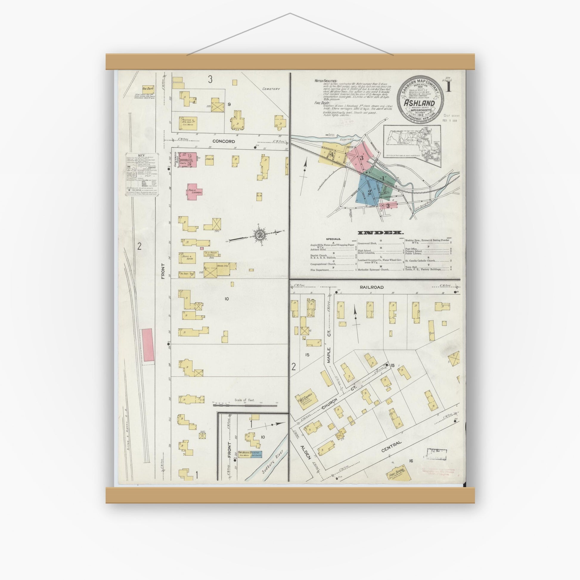 Old map wall art mockup — magnetic wood frame on white wall — Sanborn Fire Insurance Map from Ashland, Middlesex County, Massachusetts (1912), Sheet #0001