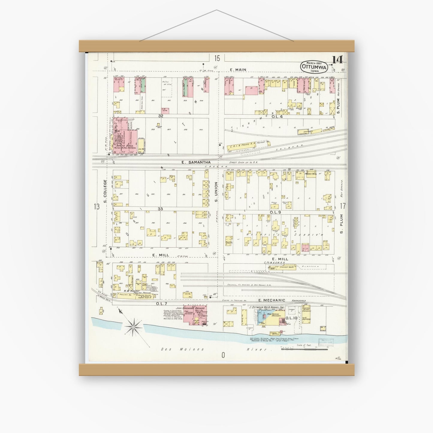 Old map wall art mockup — magnetic wood frame on white wall — Sanborn Fire Insurance Map from Ottumwa, Wapello County, Iowa (1897), Sheet #0014