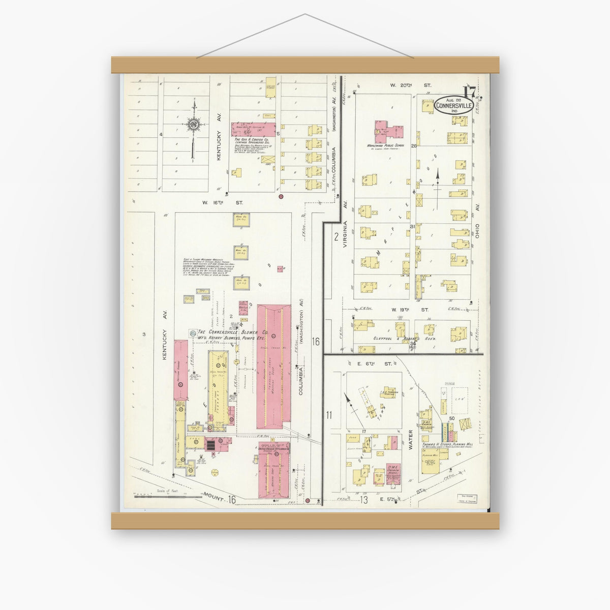 Old map wall art mockup — magnetic wood frame on white wall — Sanborn Fire Insurance Map from Connersville, Fayette County, Indiana (1913), Sheet #0017