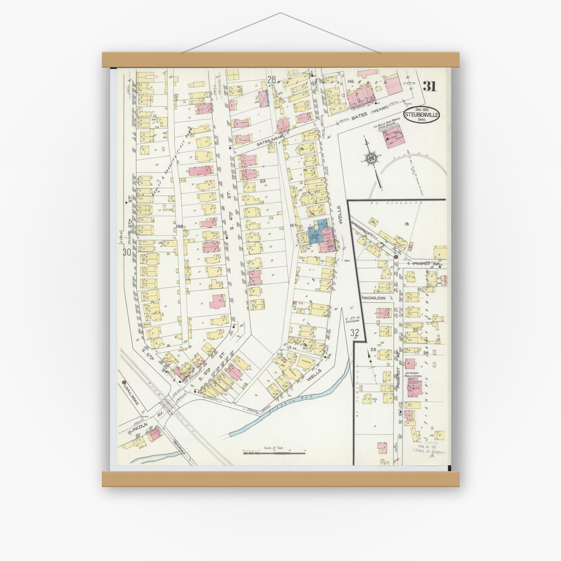 Old map wall art mockup — magnetic wood frame on white wall — Sanborn Fire Insurance Map from Steubenville, Jefferson County, Ohio (1913), Sheet #0031
