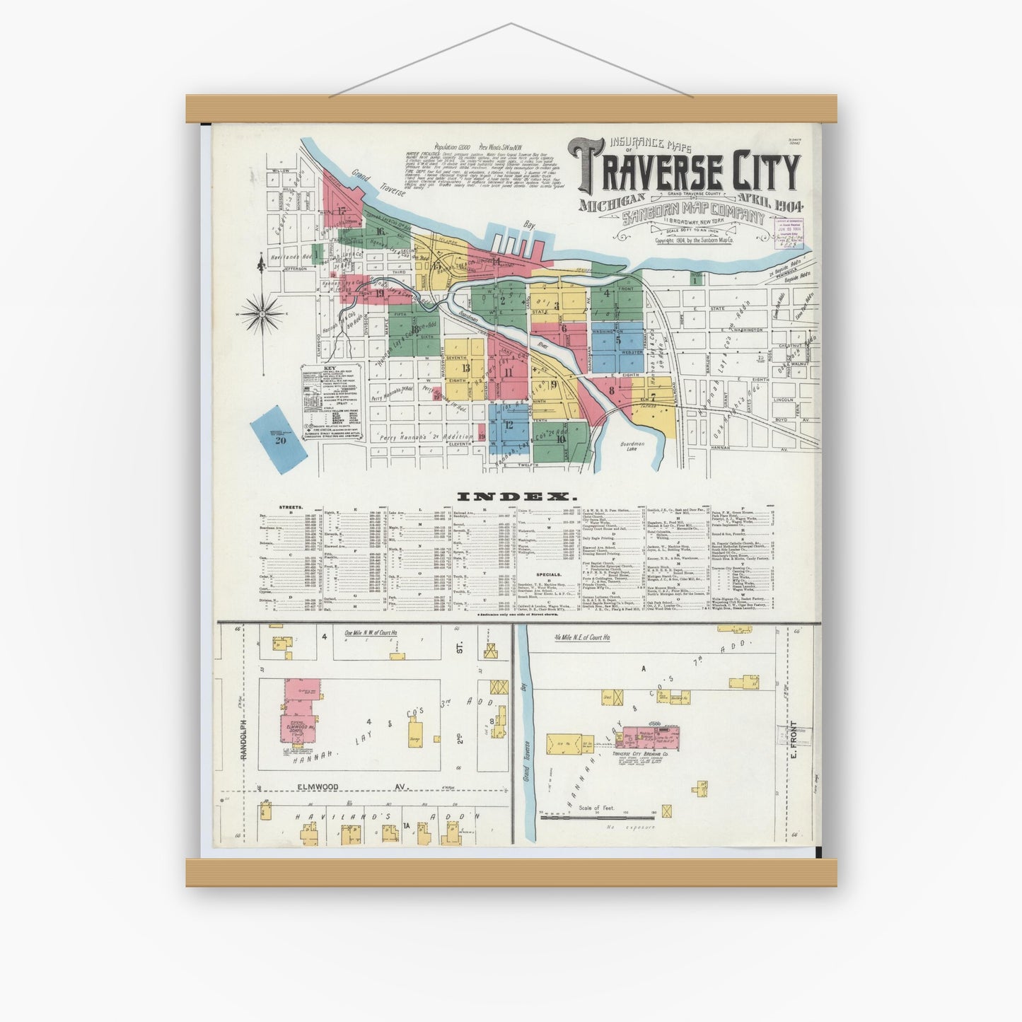 Old map wall art mockup — magnetic wood frame on white wall — Sanborn Fire Insurance Map from Traverse City, Grand Traverse County, Michigan (1904), Sheet #0001