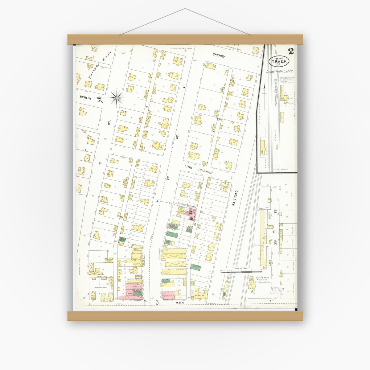 Old map wall art mockup — magnetic wood frame on white wall — Sanborn Fire Insurance Map from Traer, Tama County, Iowa (1902), Sheet #0002