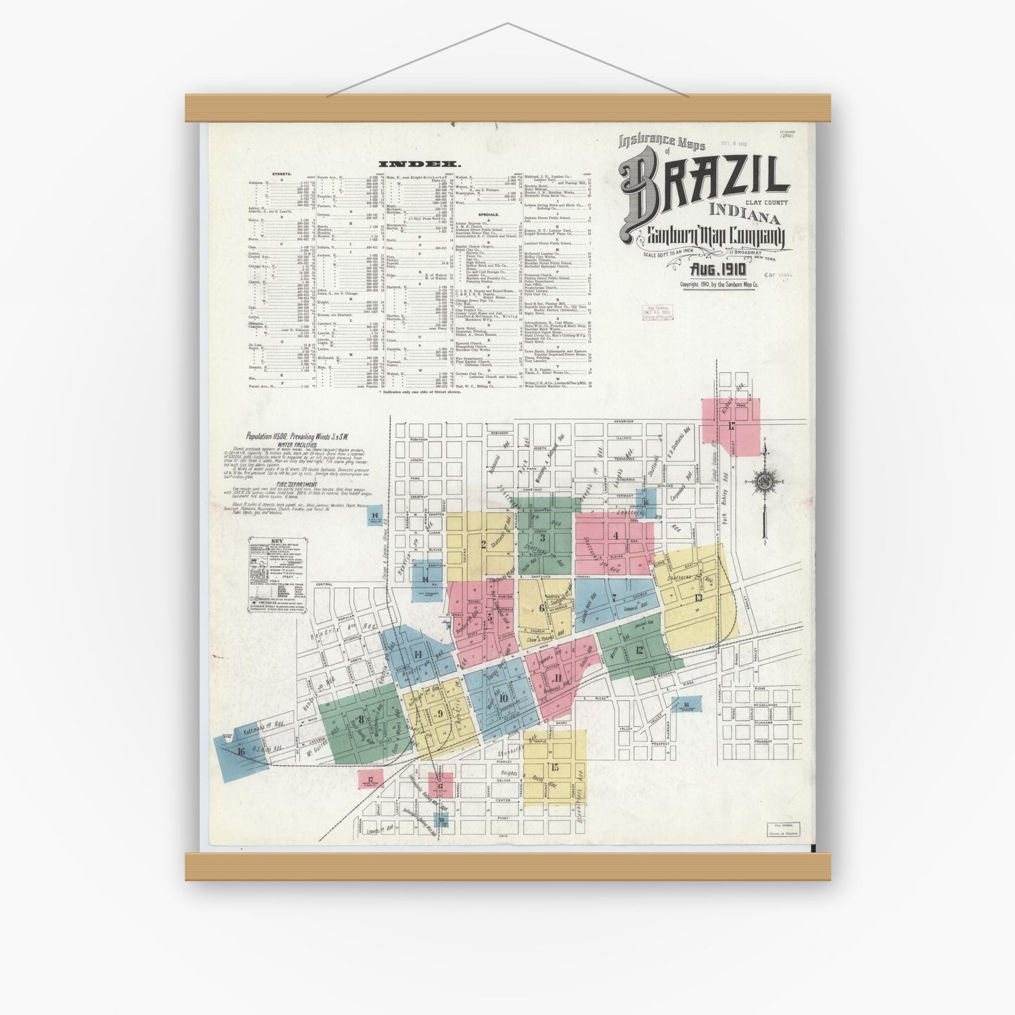 Old map wall art mockup — magnetic wood frame on white wall — Sanborn Fire Insurance Map from Brazil, Clay County, Indiana (1910) - Complete Map Set