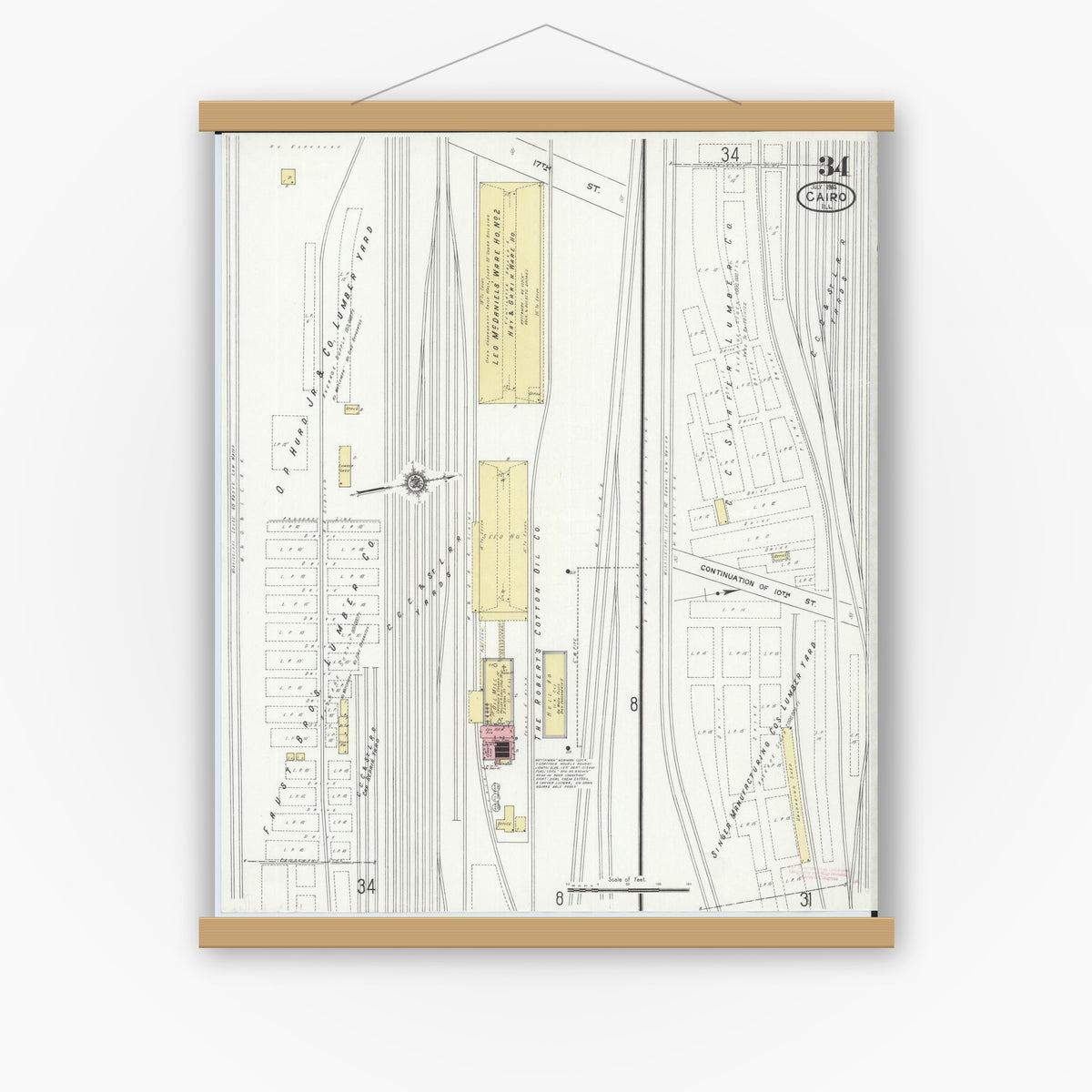 Old map wall art mockup — magnetic wood frame on white wall — Sanborn Fire Insurance Map from Cairo, Alexander County, Illinois (1914), Sheet #0034
