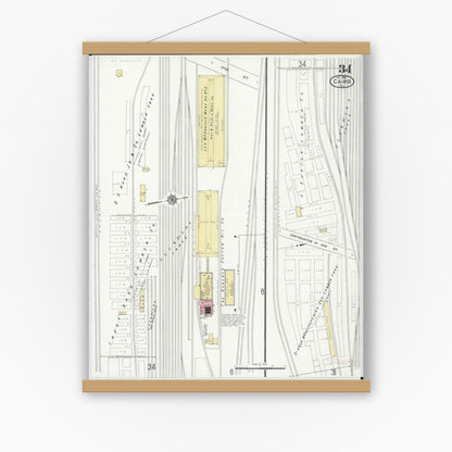 Old map wall art mockup — magnetic wood frame on white wall — Sanborn Fire Insurance Map from Cairo, Alexander County, Illinois (1914), Sheet #0034