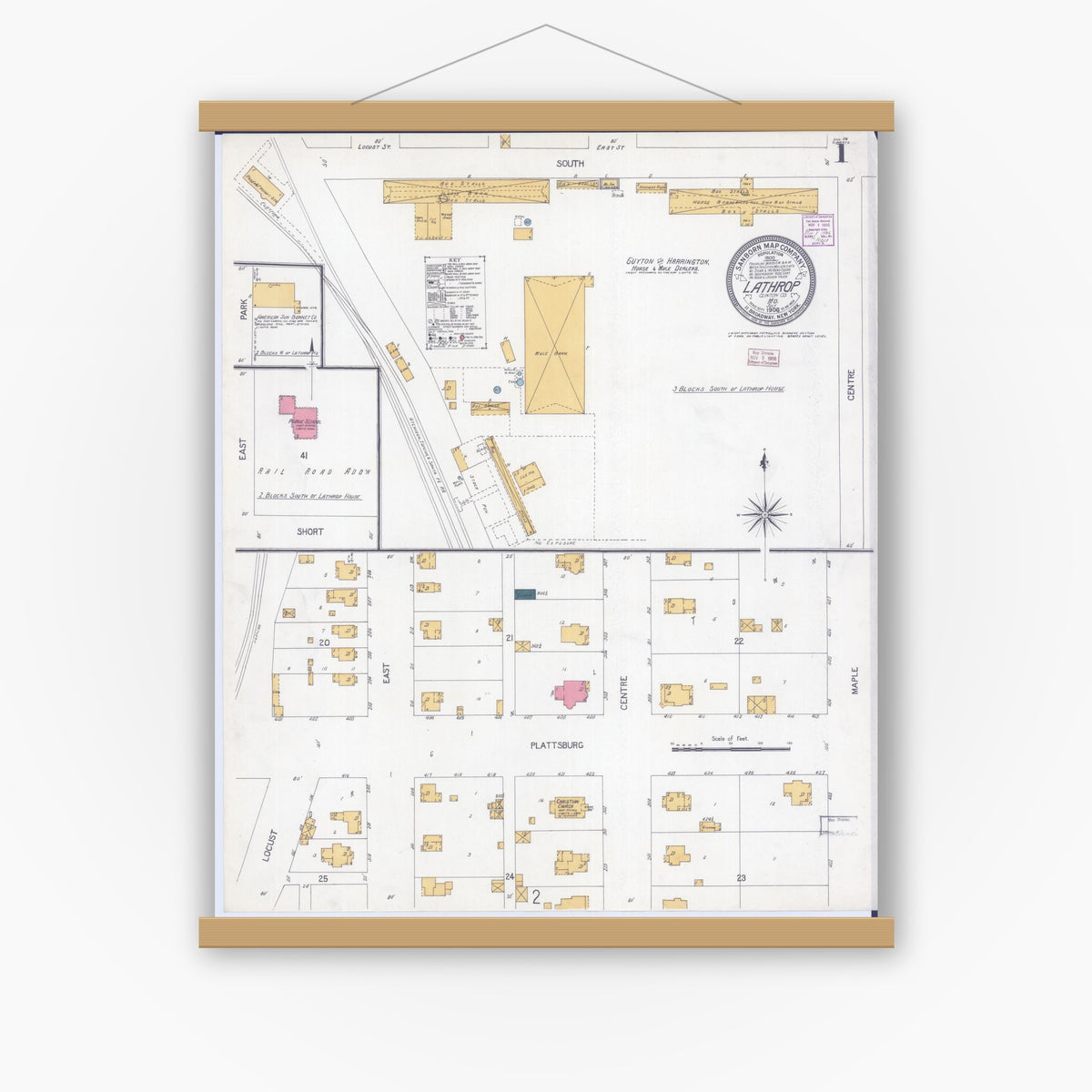 Old map wall art mockup — magnetic wood frame on white wall — Sanborn Fire Insurance Map from Lathrop, Clinton County, Missouri (1906), Sheet #0001