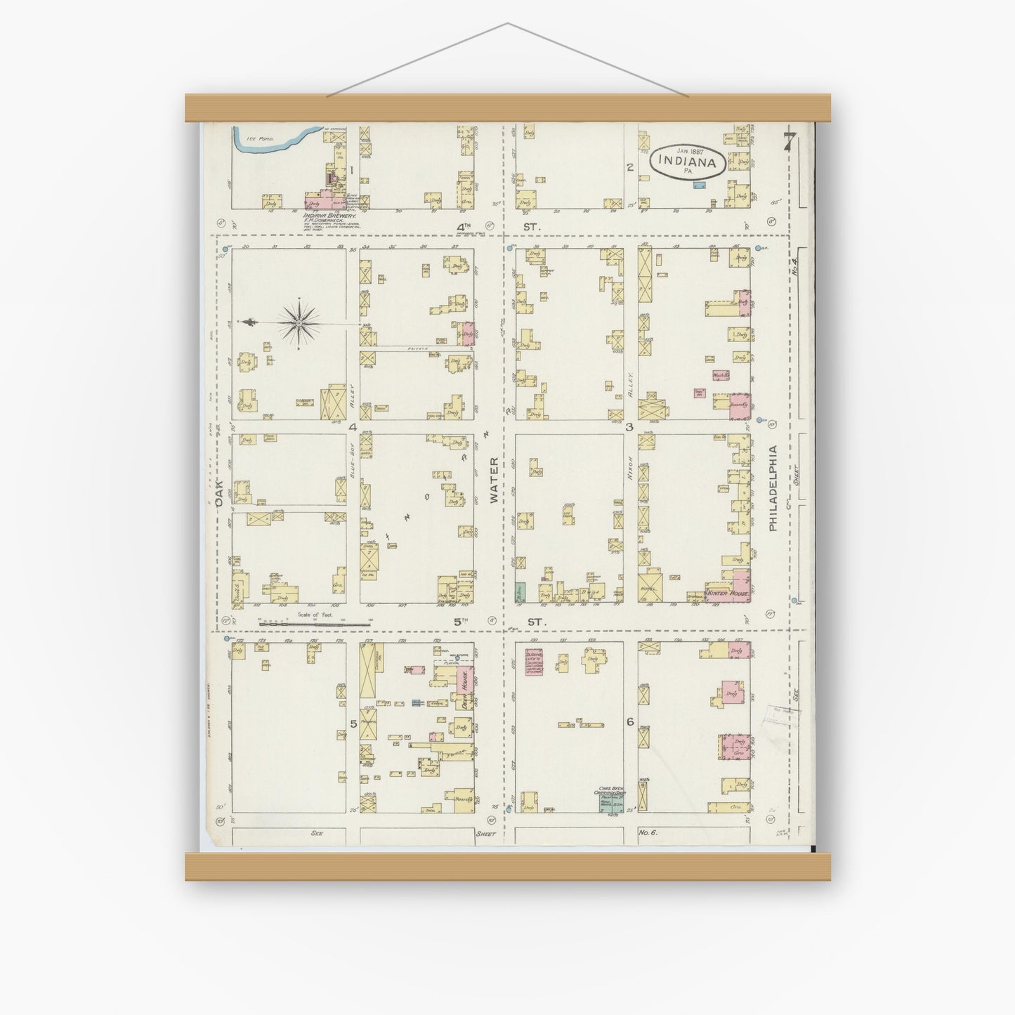 Old map wall art mockup — magnetic wood frame on white wall — Sanborn Fire Insurance Map from Indiana, Indiana County, Pennsylvania (1887), Sheet #0007