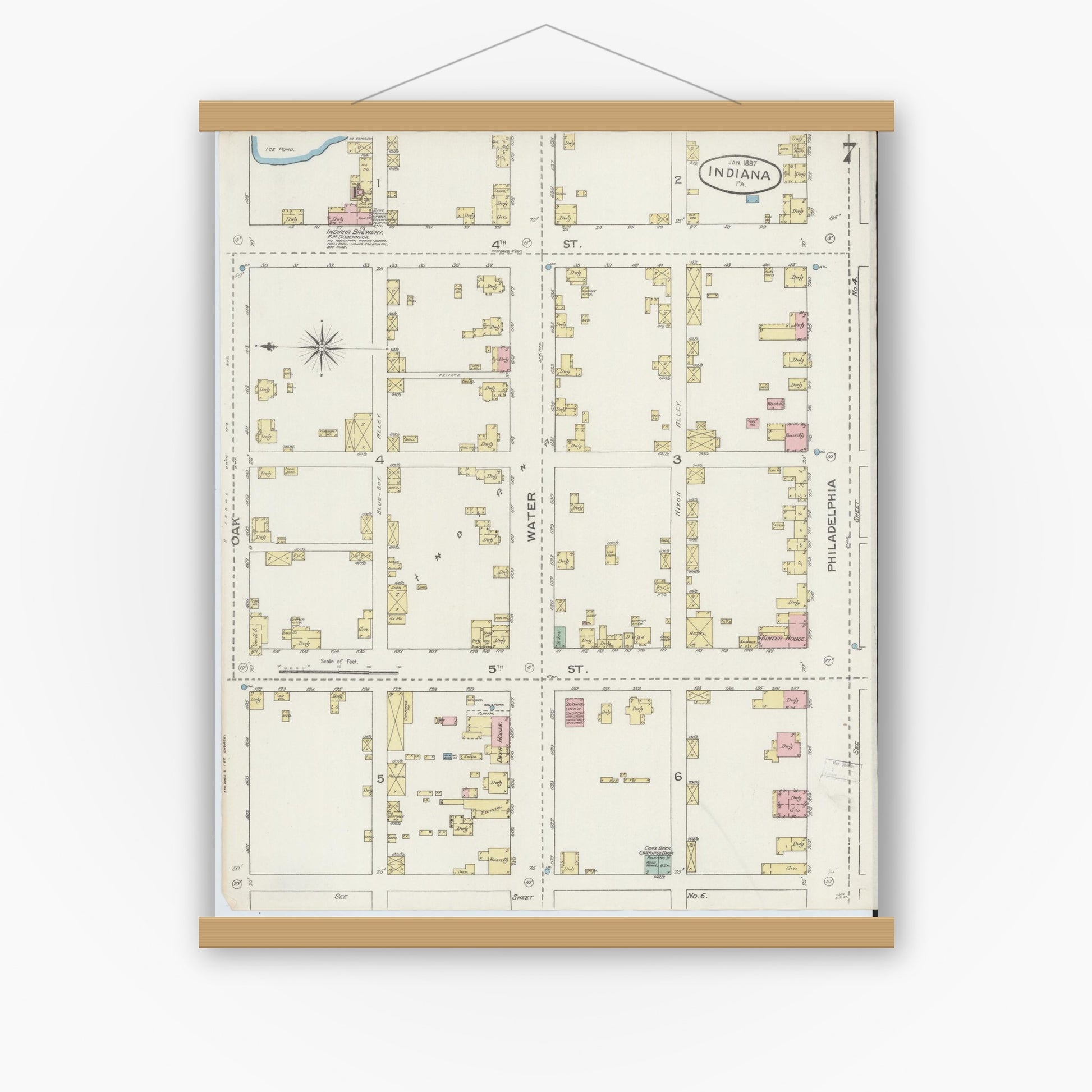 Old map wall art mockup — magnetic wood frame on white wall — Sanborn Fire Insurance Map from Indiana, Indiana County, Pennsylvania (1887), Sheet #0007