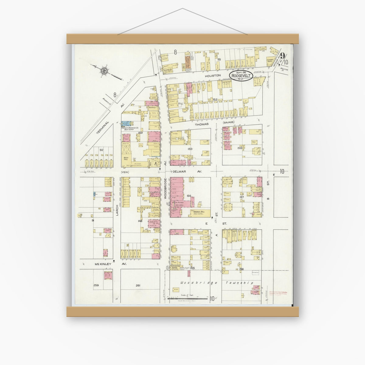 Old map wall art mockup — magnetic wood frame on white wall — Sanborn Fire Insurance Map from Roosevelt, Middlesex County, New Jersey (1916), Sheet #0009