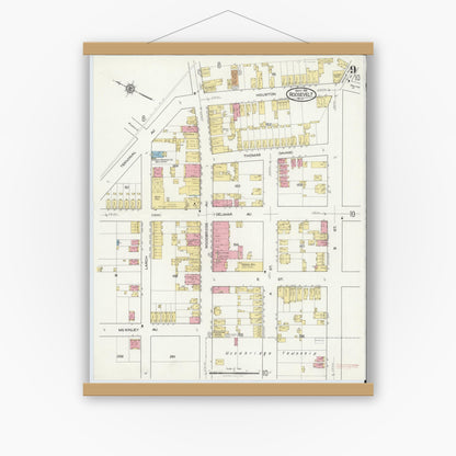 Old map wall art mockup — magnetic wood frame on white wall — Sanborn Fire Insurance Map from Roosevelt, Middlesex County, New Jersey (1916), Sheet #0009