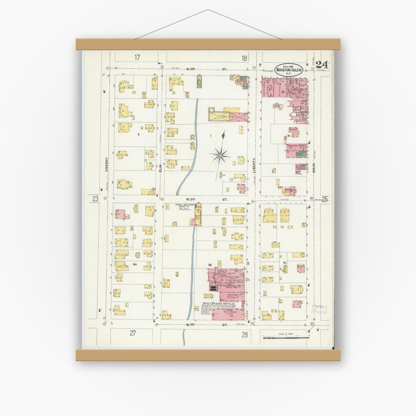 Old map wall art mockup — magnetic wood frame on white wall — Sanborn Fire Insurance Map from Winston-Salem, Forsyth County, North Carolina (1907), Sheet #0024