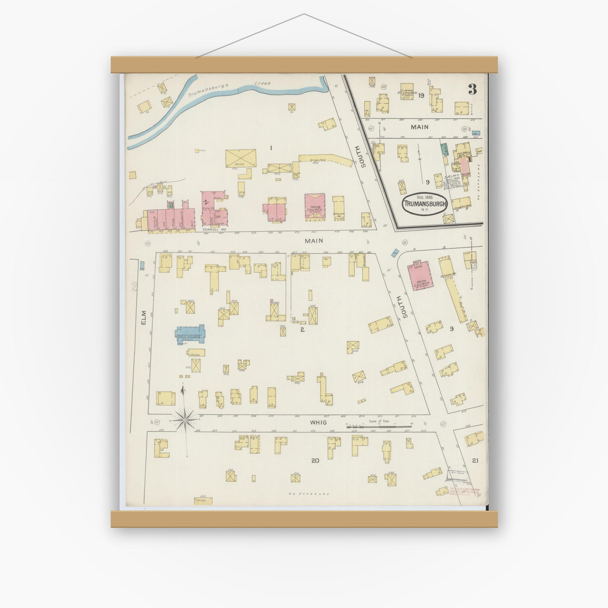 Old map wall art mockup — magnetic wood frame on white wall — Sanborn Fire Insurance Map from Trumansburg, Tompkins County, New York (1893), Sheet #0003