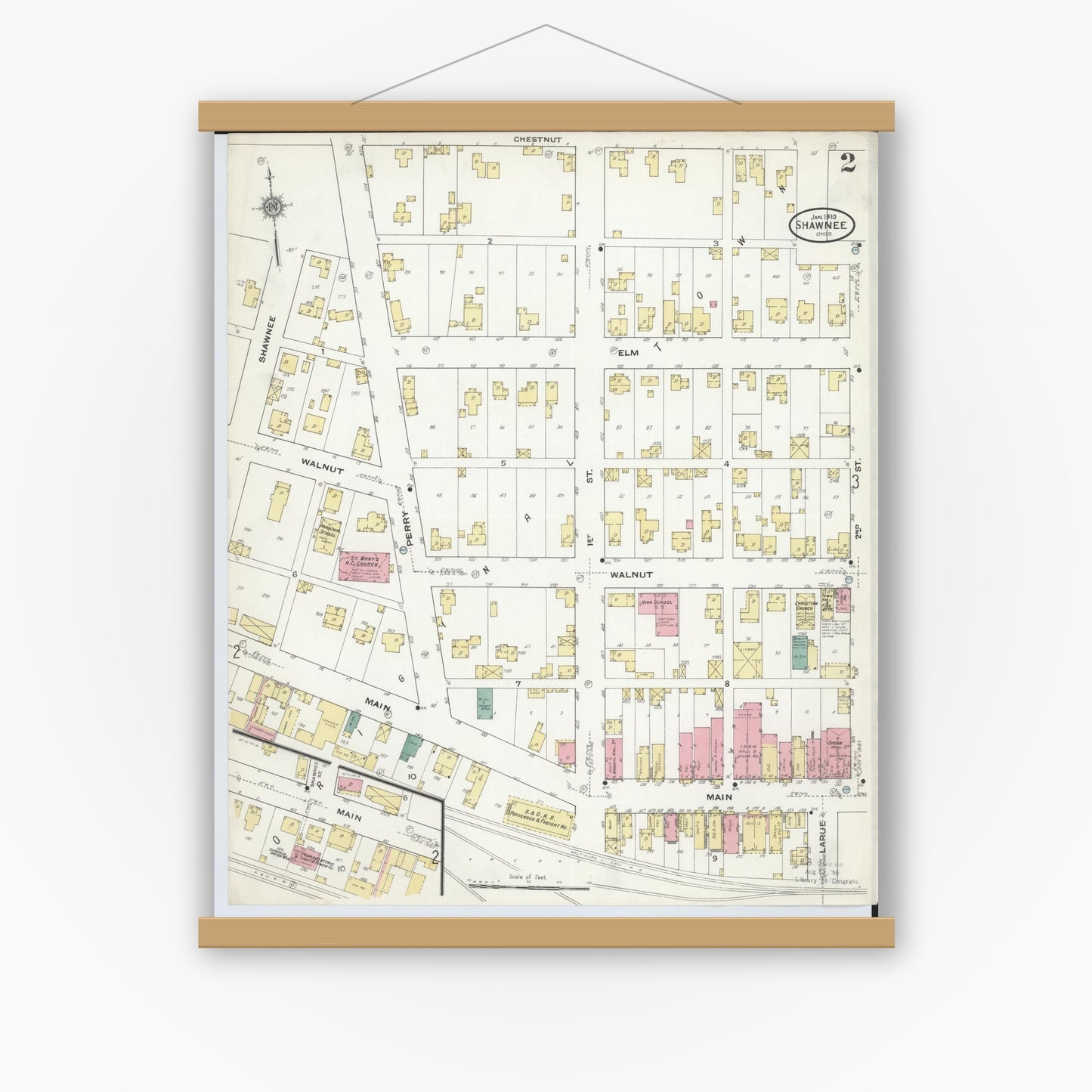 Old map wall art mockup — magnetic wood frame on white wall — Sanborn Fire Insurance Map from Shawnee, Perry County, Ohio (1910), Sheet #0002