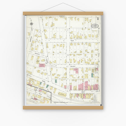 Old map wall art mockup — magnetic wood frame on white wall — Sanborn Fire Insurance Map from Shawnee, Perry County, Ohio (1910), Sheet #0002