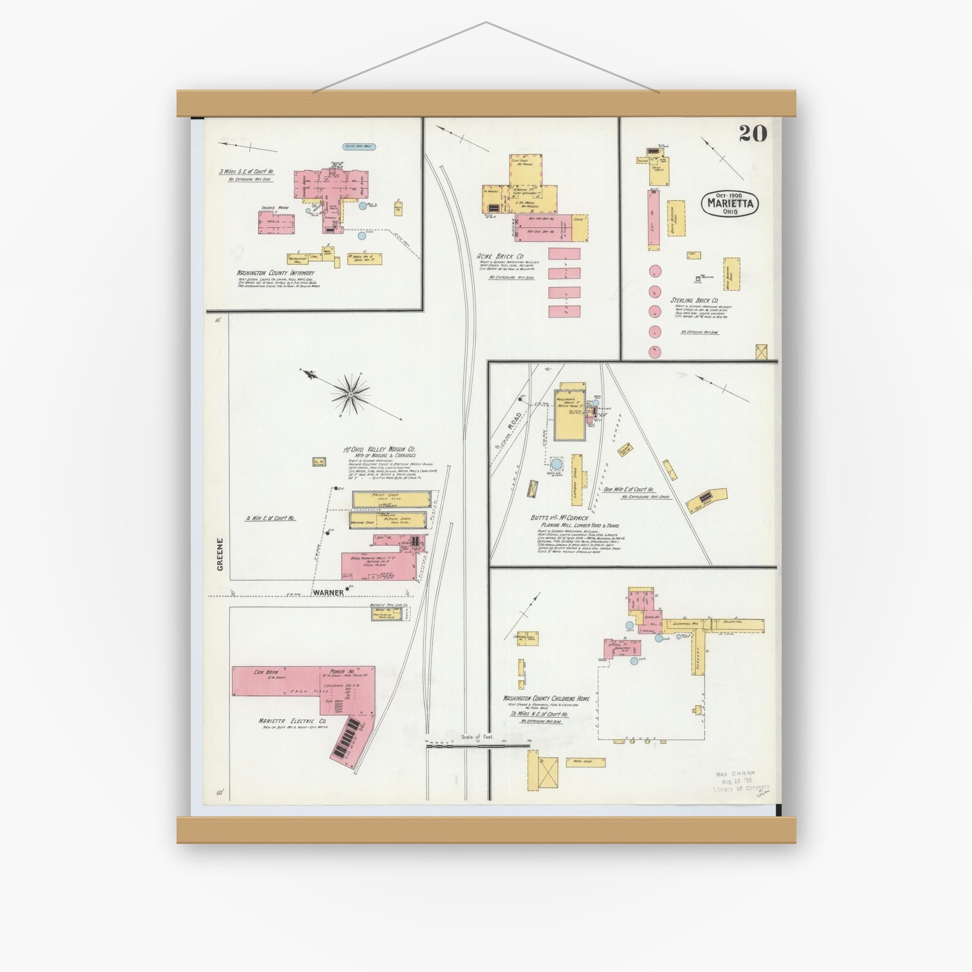 Old map wall art mockup — magnetic wood frame on white wall — Sanborn Fire Insurance Map from Marietta, Washington County, Ohio (1900), Sheet #0020