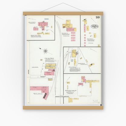 Old map wall art mockup — magnetic wood frame on white wall — Sanborn Fire Insurance Map from Marietta, Washington County, Ohio (1900), Sheet #0020
