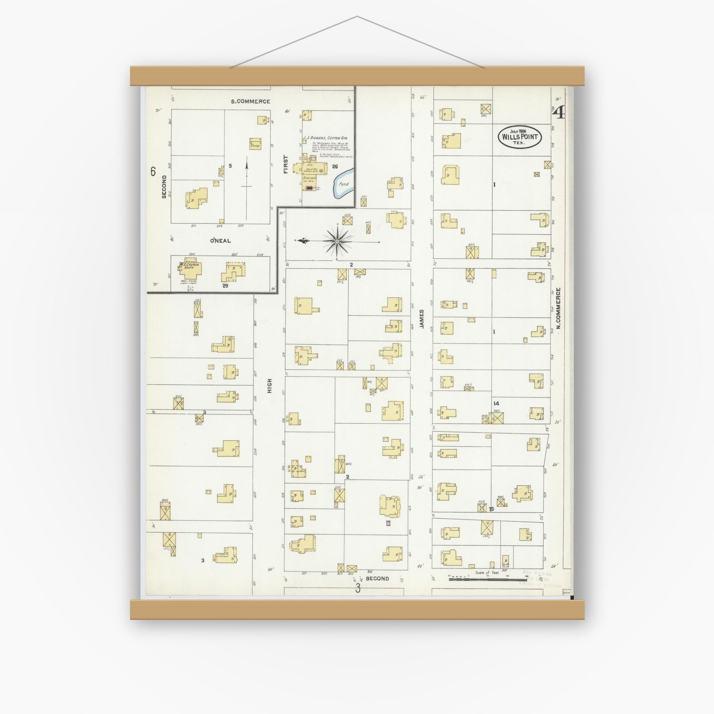 Old map wall art mockup — magnetic wood frame on white wall — Sanborn Fire Insurance Map from Wills Point, Van Zandt County, Texas (1906), Sheet #0004