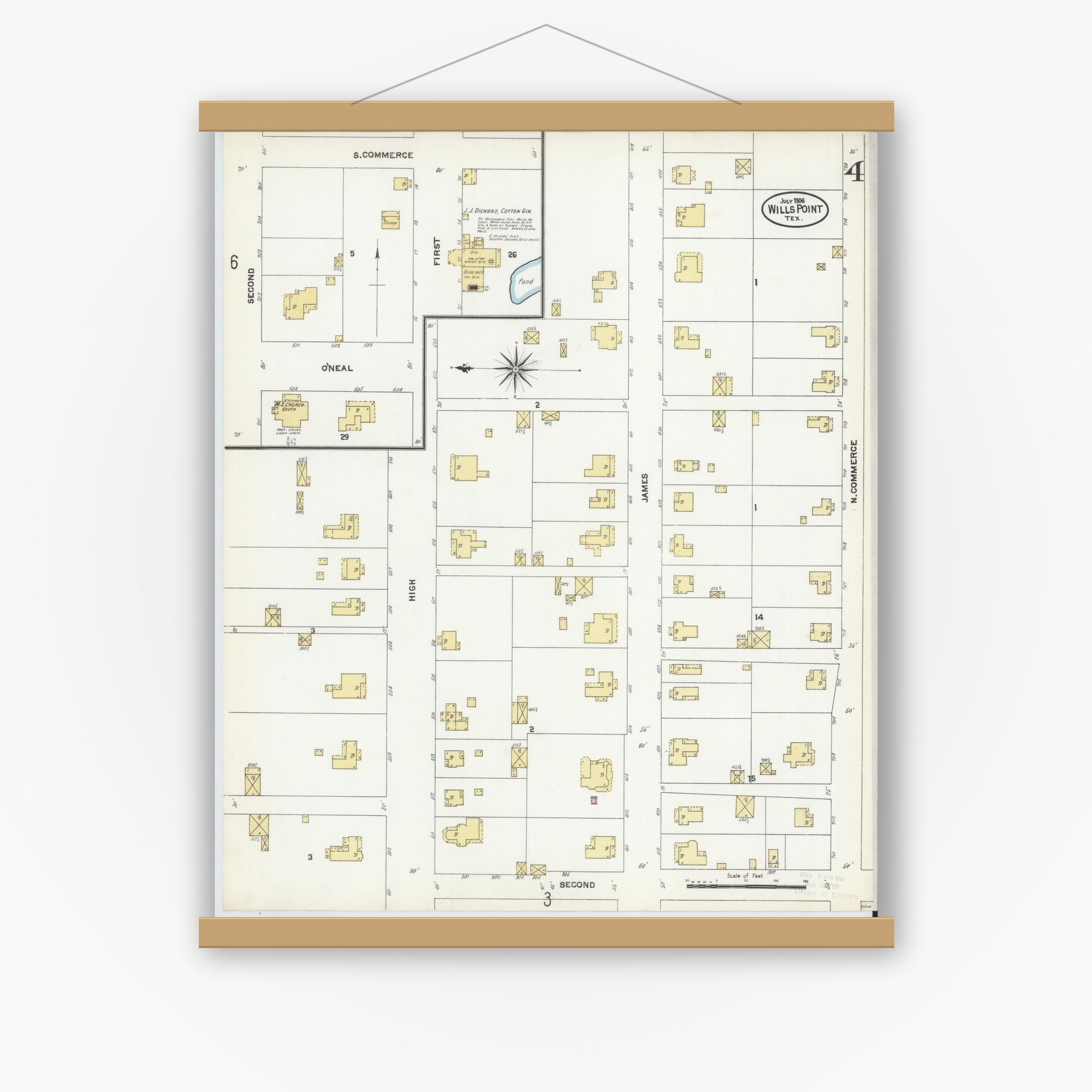 Old map wall art mockup — magnetic wood frame on white wall — Sanborn Fire Insurance Map from Wills Point, Van Zandt County, Texas (1906), Sheet #0004
