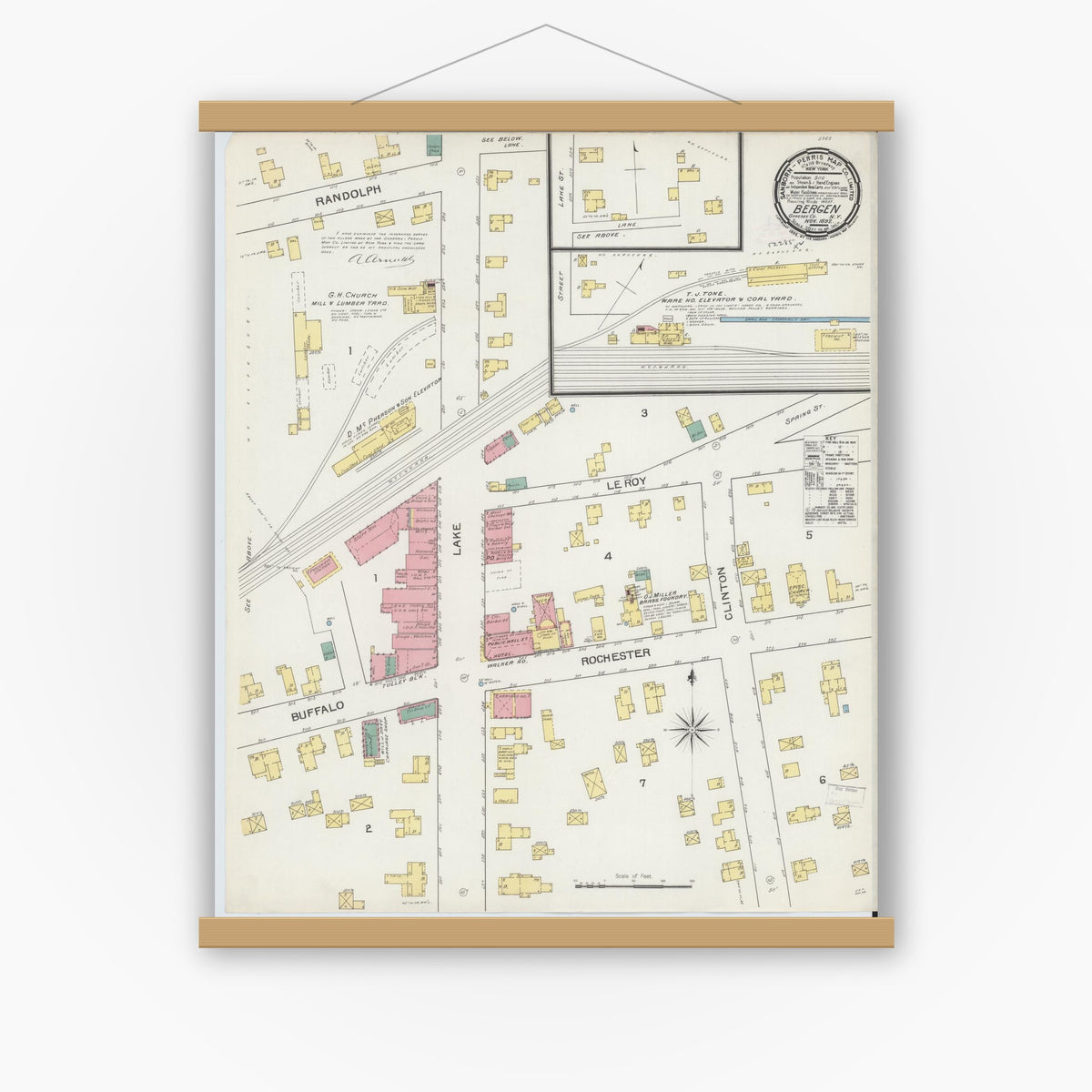 Old map wall art mockup — magnetic wood frame on white wall — Sanborn Fire Insurance Map from Bergen, Genesee County, New York (1892), Sheet #0001