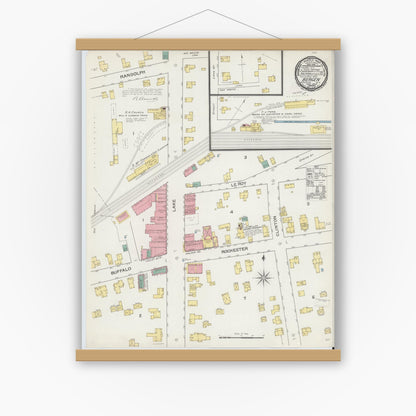 Old map wall art mockup — magnetic wood frame on white wall — Sanborn Fire Insurance Map from Bergen, Genesee County, New York (1892), Sheet #0001